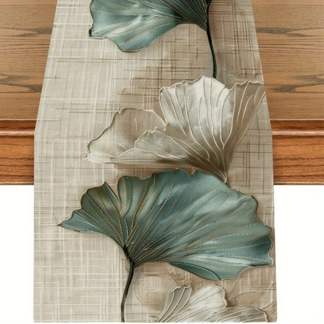 VIKAMA Tischläufer mit floralem Ginkgo-Design aus Leinen, Rechteckig, Breite: 90 cm, Tiefe: 33 cm - Bild 1