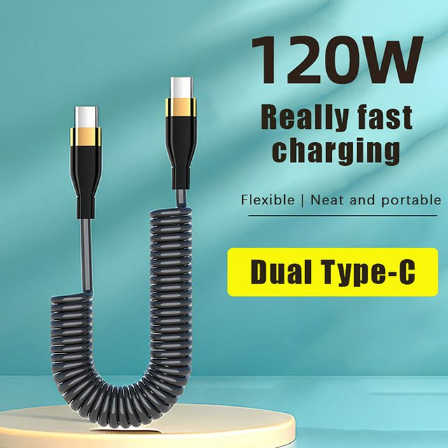 SAFENH USB Typ C Schnellladekabel 120W 6A mit Teleskop-Federfunktion in Schwarz - Bild 1