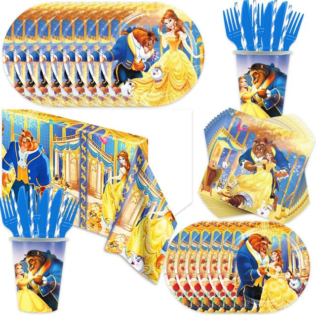 Disney Die Schöne und das Biest Partydeko Set für Kinder Mädchen in Multicolour mit Pappbechern, Tellern, Servietten, Tischdecke und Ballons - Bild 1