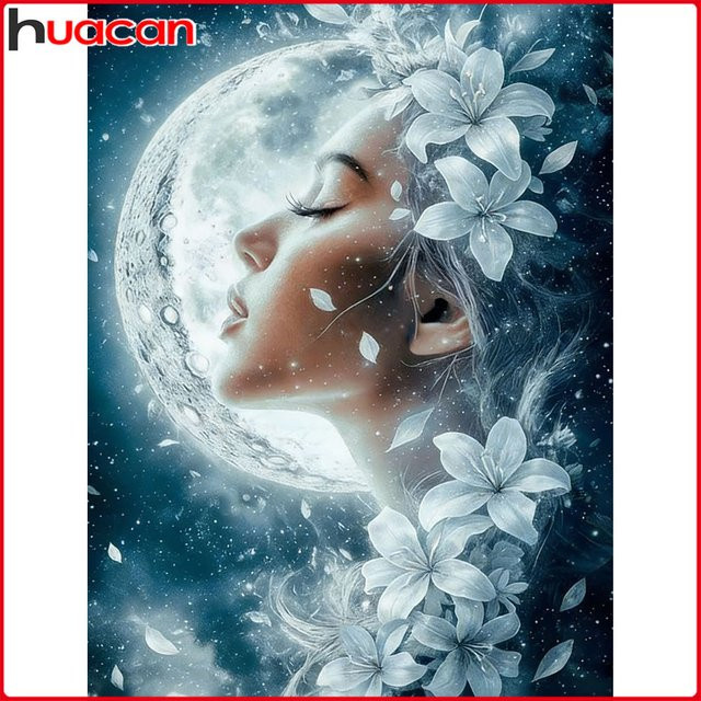 Huacan 5D DIY Diamantmalerei Set Frau am Mond Porträt-Landschafts-Illustration mit runden Diamanten, Breite: 30,0 cm, Höhe: 20,0 cm - Bild 1