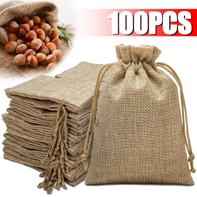 100 Stück Jute Beutel mit Kordelzug in Beige und Braun für Geschenke, Hochzeit und DIY-Verpackungen, B/T/H: 13 x 18 cm, 10 x 15 cm, 7 x 9 cm - Bild 1