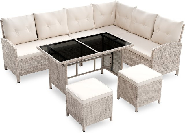 Juskys Gartenlounge Manacor Polyrattan Set für 8 Personen in Creme mit Sandfarbenen Sitzbezügen - Bild 1