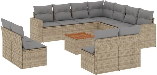 vidaXL 12-teilige Garten-Sofagarnitur aus Poly-Rattan und Akazienholz in Beige mit Kissen - Bild 1