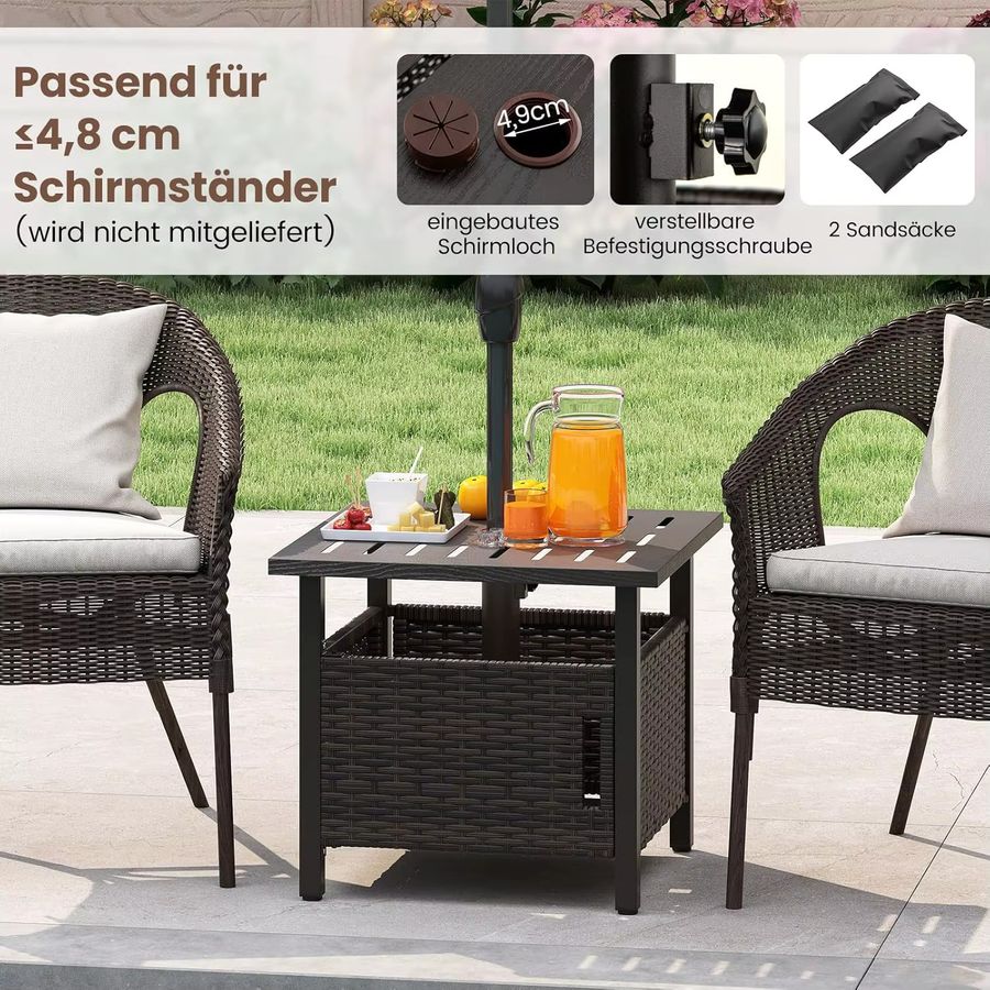 Wetterfester Beistelltisch aus Rattan in Braun mit Schirmloch für Garten und Balkon von GOFLAME - Bild 4