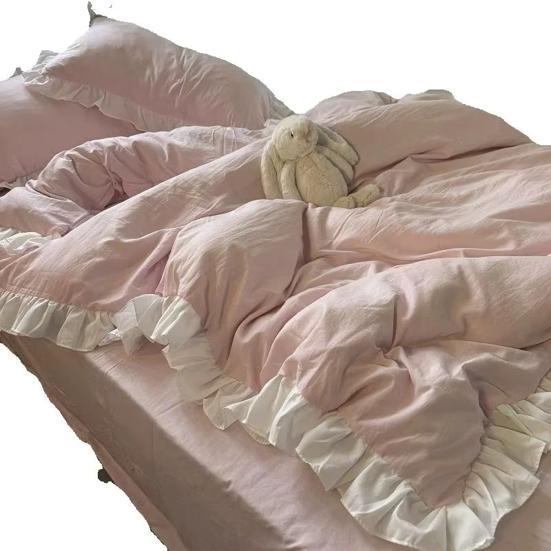 Rosa Prinzessin Bettwäsche-Set mit Rüschen für Kinder, einfarbig und weich, bestehend aus Bettbezug, Kissenbezug und Spannbettlaken - Bild 2