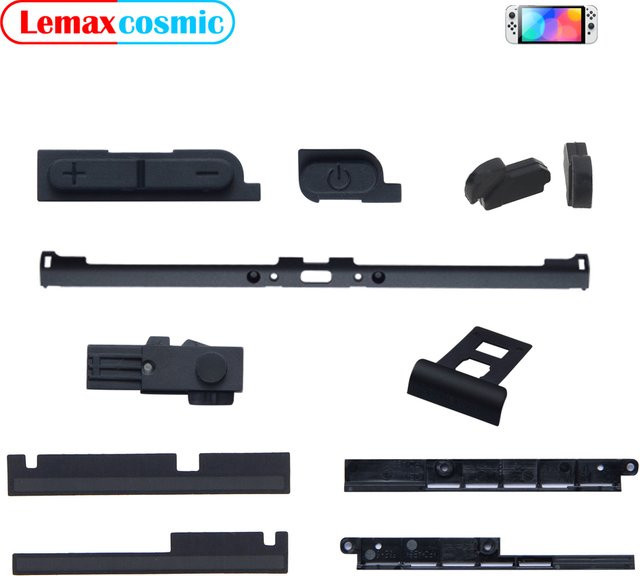 E-KINLIN Gummi-Aufkleber Set für Nintendo Switch OLED in Schwarz mit Abdeckung für Kartensteckplatz und Schutz für Lautstärketaste, Ein-/Aus-Taste sowie Rahmen - Bild 1