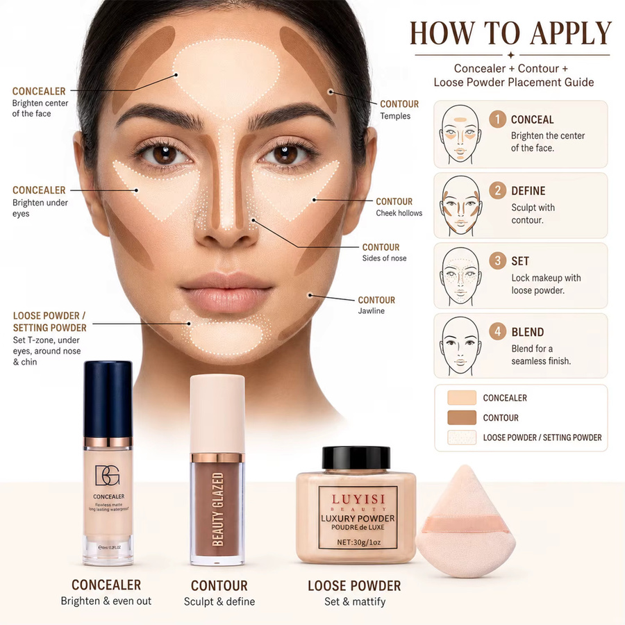 4-teiliges Set Concealer, Konturierungspuder & Puderquaste, Matt-Effekt - Bild 4