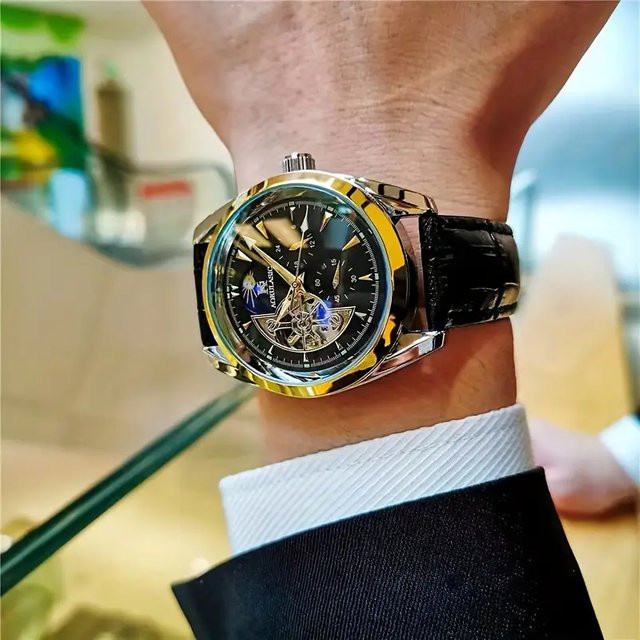 AOKULASIC Armbanduhr Automatik, Mondphasenanzeige, Blau, Leder, Herren - Bild 1