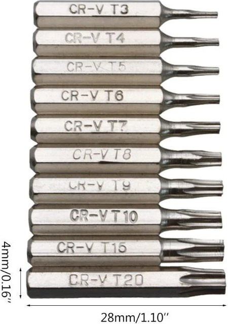 SHENGMEIYU 10er Set Torx Schraubendreher Bits aus CR-V Stahl in Silber für Mobile Reparaturen T3 bis T20 - Bild 1