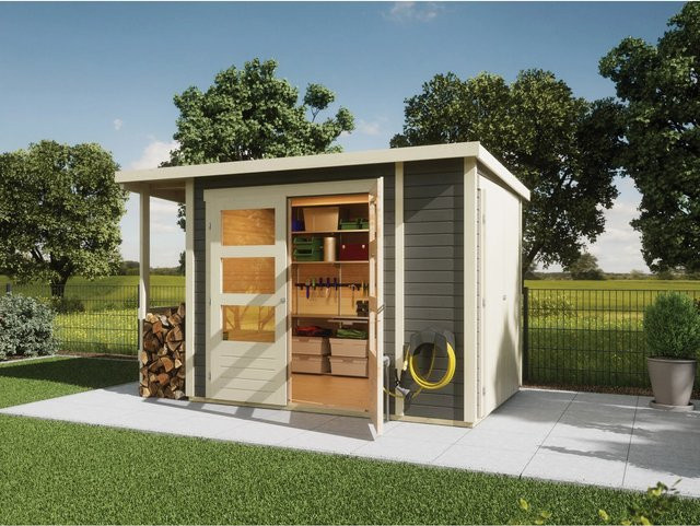 Karibu Gartenhaus Flexi Pultdach aus Massivholz aus nordischer Fichte in Terragrau mit 4,42 m² Grundfläche und 19 mm Wandstärke - Bild 1