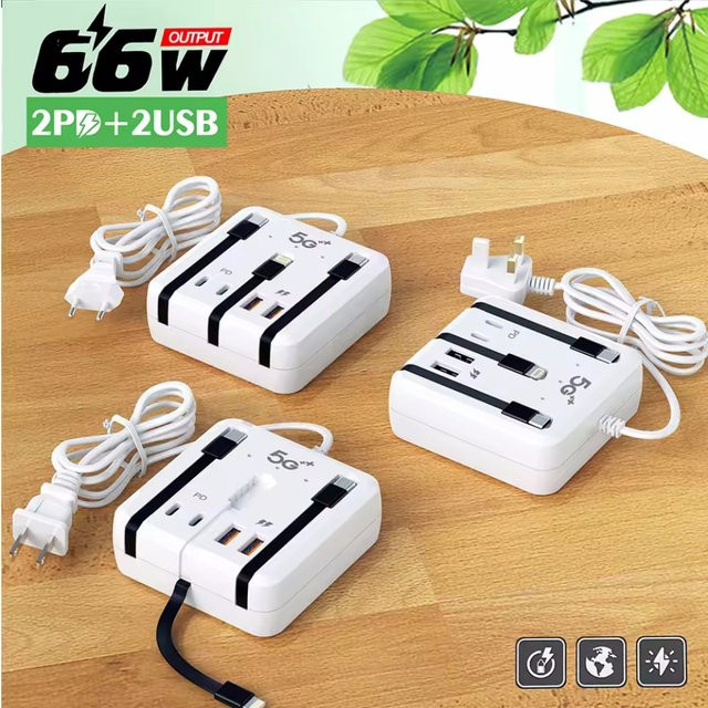 66 W Multiport USB-C Wandladegerät mit PD Schnellladefunktion und USB-Hub-Adapter in Weiß - Bild 1