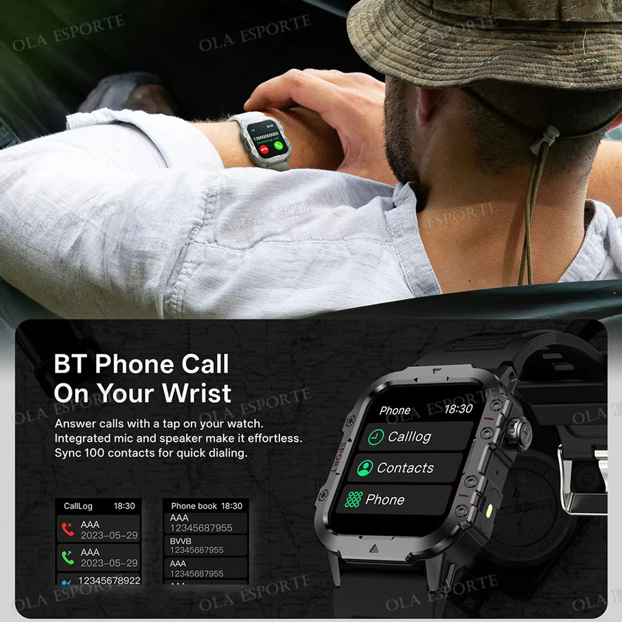 Ola Esporte Hw12 Outdoor-Smartwatch in Schwarz und Silber mit Militärqualität, LED-Taschenlampe, IP68 Wasserdichtigkeit, Bluetooth-Anruffunktion und über 100 Sportmodi - Bild 4