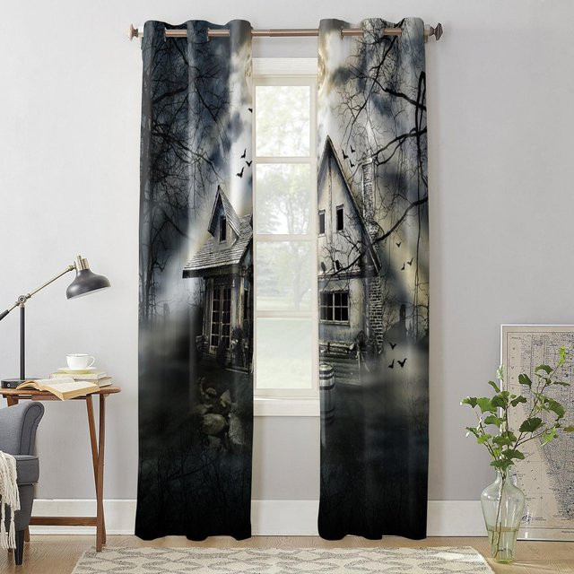 Woods Moon Bat Haunted House Fenstervorhang aus Polyester, Grau, Breite: 135 cm, Höhe: 60 cm - Bild 1