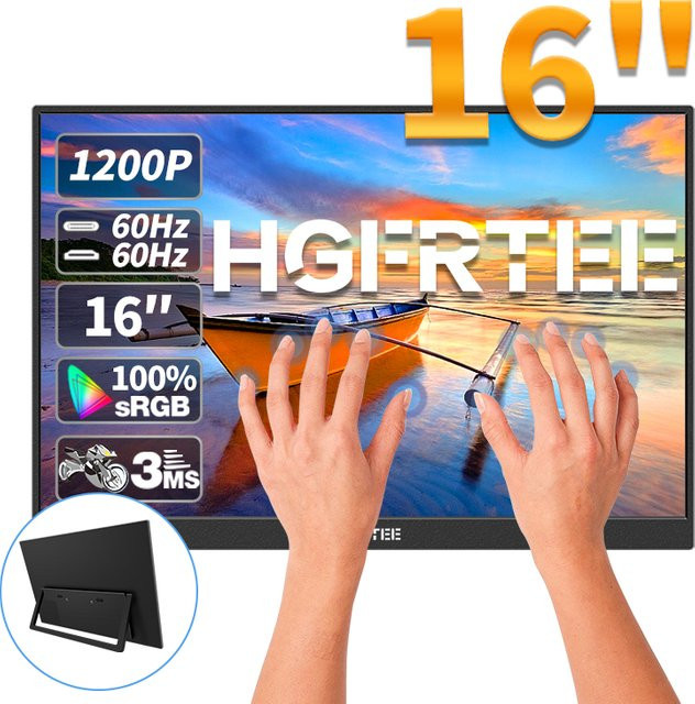 HGFRTEE 16 Zoll Touch-Monitor mit 16:10 Format, 100 % sRGB und 350 cd/m2, tragbarer Zweitbildschirm für Laptop in Schwarz, kompatibel mit USB-C und HDMI, inklusive Halterständer - Bild 1