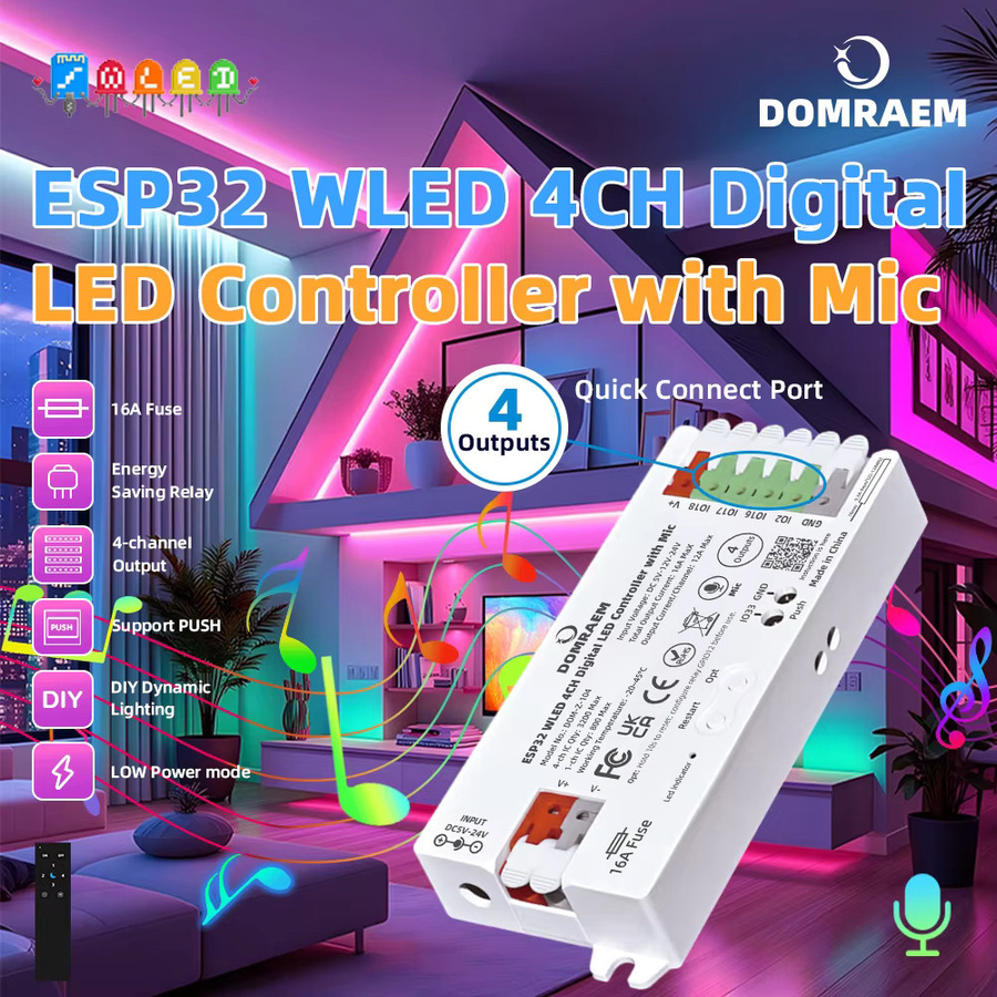 DOMRAEM ESP32 RGB IC WLED Controller 4-Kanal 16A mit Schallreaktivem Pegelwandler für WS2811/12B und SK6812 Digital-LED DIY mit WiFi - Bild 2