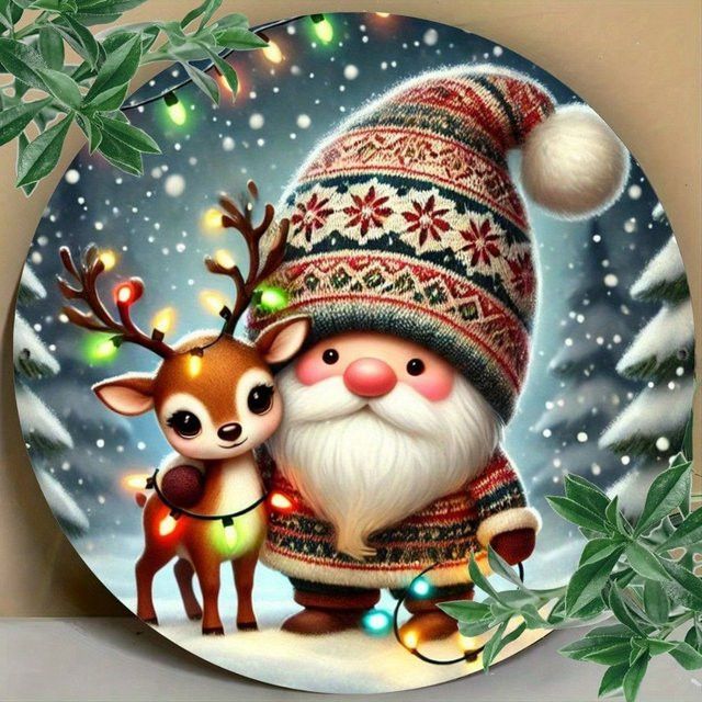 HELLOYOUNG Rundes Eisenschild mit Cartoon-Weihnachtsmann und Hirsch in Multicolor, Durchmesser: 20 cm - Bild 1