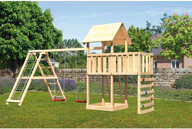 Karibu Spielturm Lotti mit Doppelschaukel, Klettergerüst, Anbauplattform und Kletterwand - Bild 1