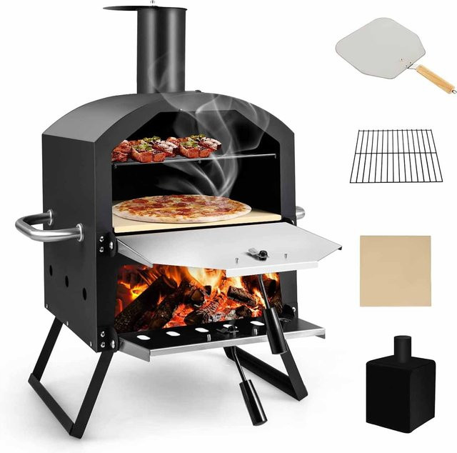 GOFLAME Outdoor-Pizzaofen in Schwarz mit Grillrost, Pizzastein, Pizzaschaufel und wasserdichter Abdeckung, B/T/H: 72,0 x 54,0 x 5,0 cm - Bild 1