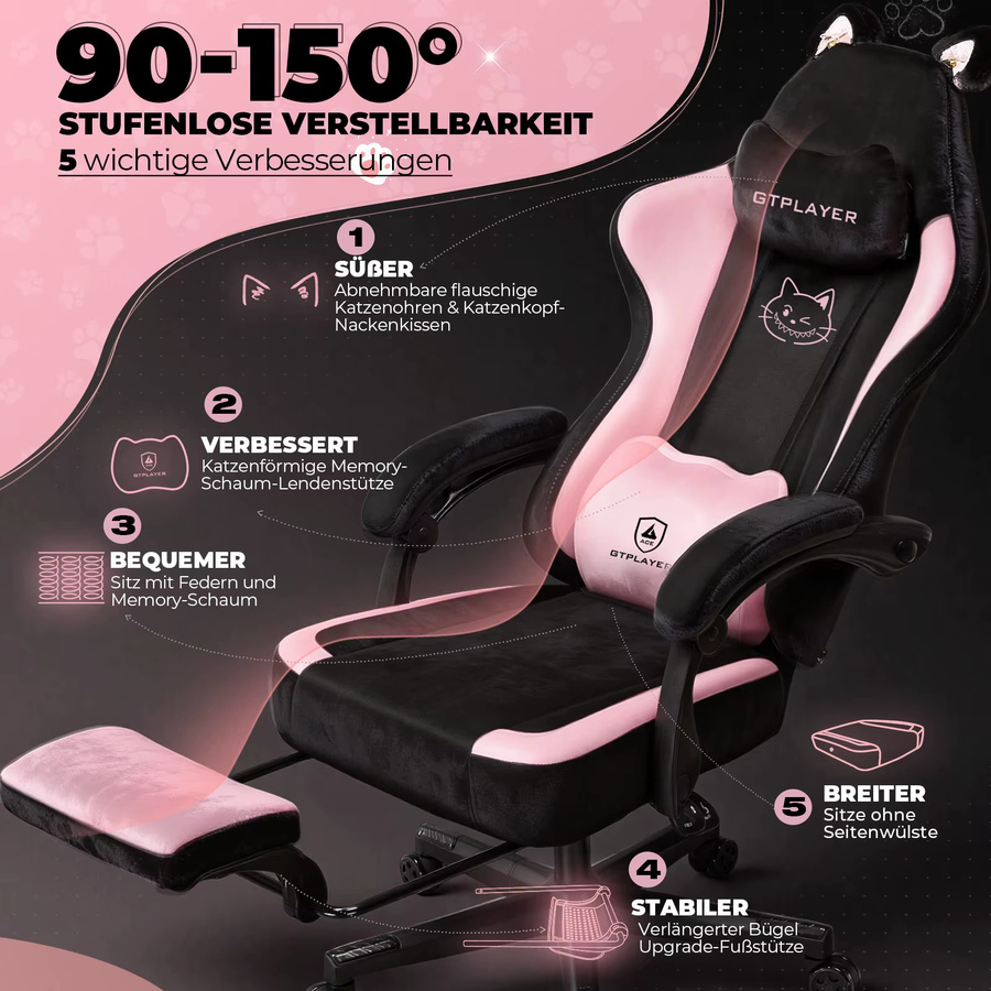 GTPLAYER Gaming Stuhl mit Katzenohren in Rosa aus Samtstoff, ergonomischer Bürostuhl für Home Office und Gaming mit Armlehnen und Kopfstütze, Belastbarkeit bis 150 kg - Bild 4