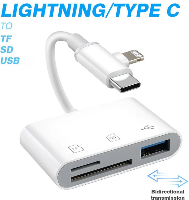 3-in-1 OTG Kartenleser Typ C und Lightning auf SD TF und USB Speicherkartenadapter in Weiß für Laptops und iPhone - Bild 1