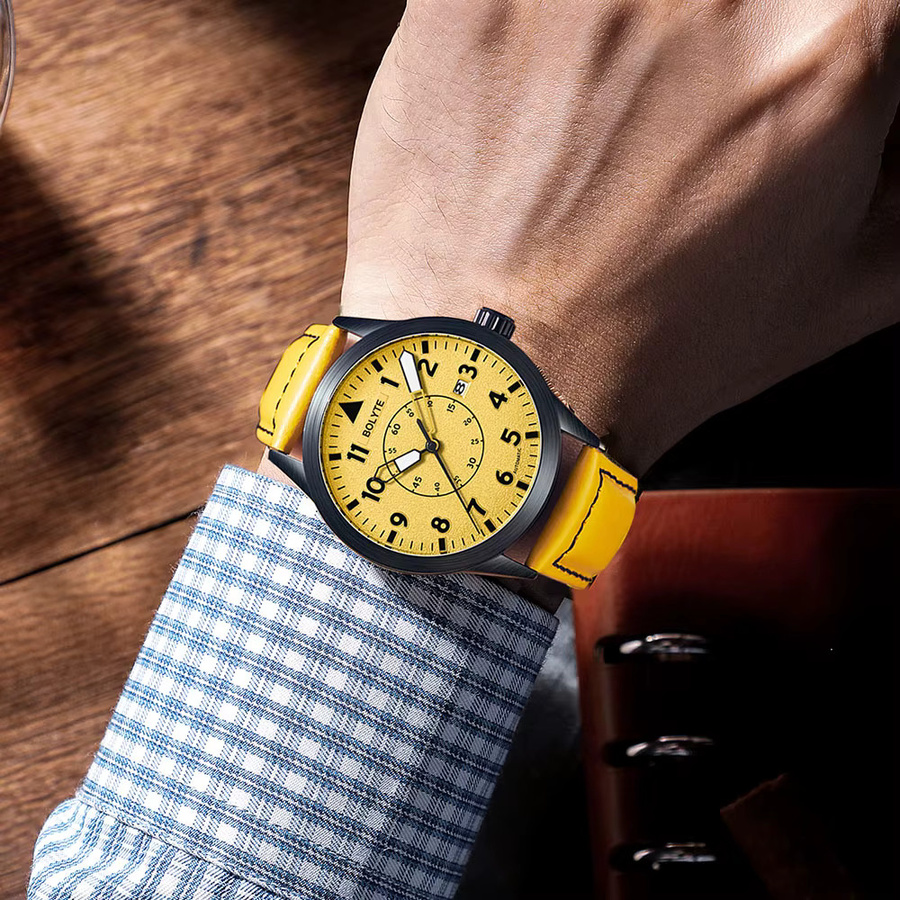 Bolyte Armbanduhr Automatik, Leder, gelbes Zifferblatt, Datum, Herren - Bild 3