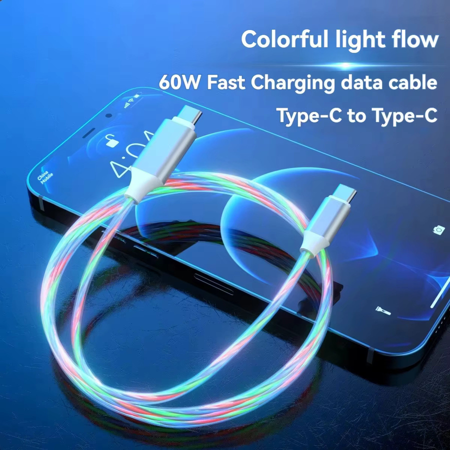 VBVC USB-C auf Typ-C Schnellladekabel mit 60W und fließendem LED-Licht in Multicolour für Samsung, Xiaomi, Huawei und iPhone 15 16 17 Pro Max - Bild 1