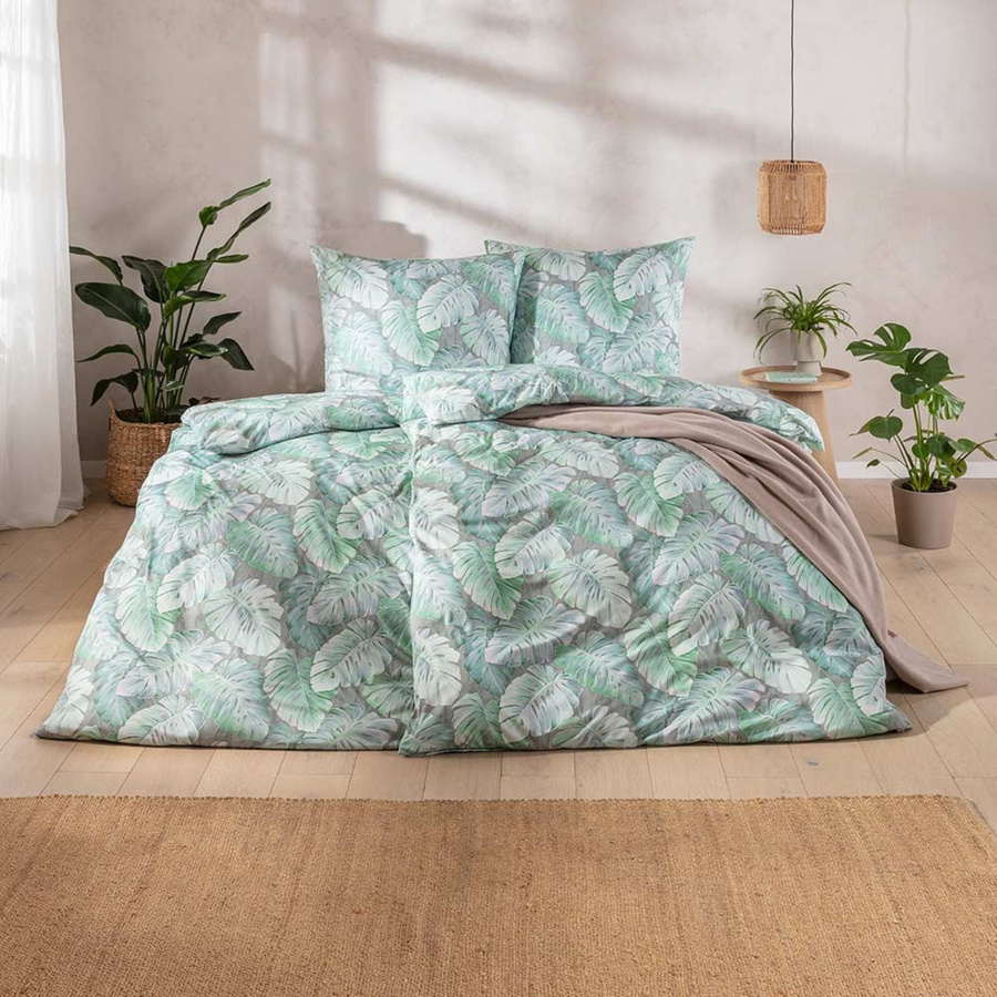Estella Mako Jersey Bettwäsche Rabea alge Blätter Monstera grün, Set aus Bettbezug und Kissenbezug, B/H: 155 x 220 cm, Kissen: 80 x 80 cm - Bild 1