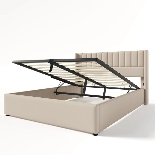 Merax Polsterbett mit Stauraum und Lift-up-Funktion in Beige, B/T/H: 140 x 200 cm - Bild 1