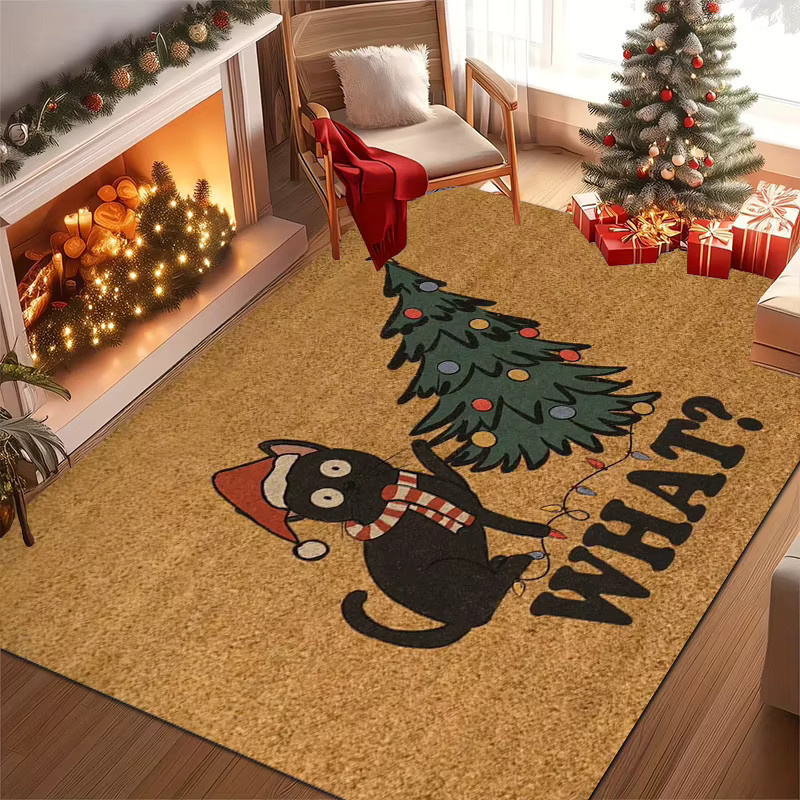 VIKAMA Teppich mit schwarzer Katze und Weihnachtsbaum-Muster in Schwarz und Braun, weiche Bodenmatte für Schlafzimmer und Eingangsbereich, B/T: 60 x 40 cm - Bild 3