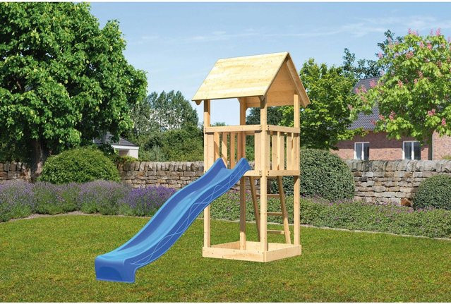 Karibu Spielturm Lotti Naturbelassen mit Satteldach und Rutsche in Blau - Bild 1