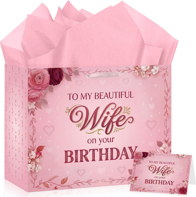 Romantisches Geburtstags-Geschenkset für deine Frau mit Karte und Seidenpapier in Blau und Pink - Bild 1