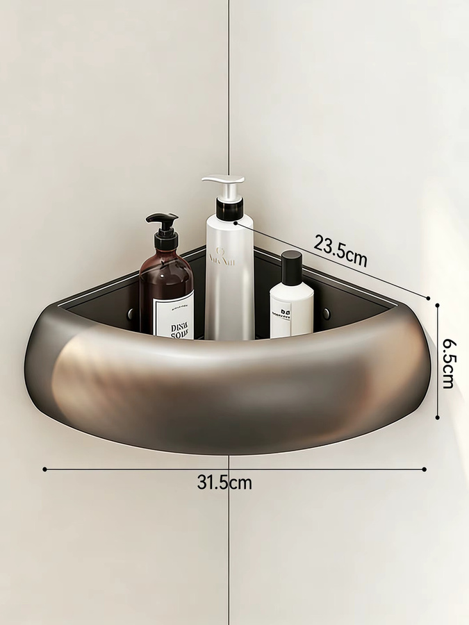 FALANGSHI Eckregal aus Aluminium in Grau, Bogenförmiger Dreieckskorb für Badezimmer, Küche und Balkon, Wandmontage ohne Bohren oder mit Bohren möglich - Bild 2