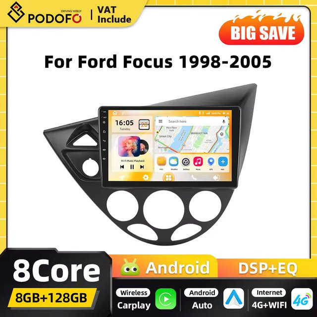 Podofo 2DIN Android Multimedia-Autoradio mit CarPlay und Android Auto für Ford Focus 1998 bis 2005, 8-Kern Prozessor, GPS, 4G und WiFi, Schwarz - Bild 1