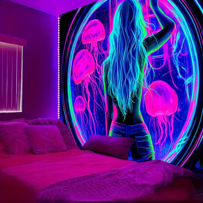VIKAMA Cyberpunk Jellyfish Girl Wandteppich, Mehrfarbiger Wandbehang mit Illustration für Gaming-Zimmer und Schlafzimmer - Bild 2