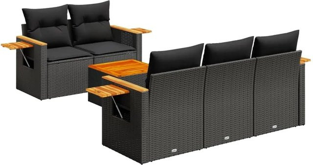 vidaXL 6-teilige Garten-Sofagarnitur aus Polyrattan in Schwarz mit Kissen und Tisch - Bild 1