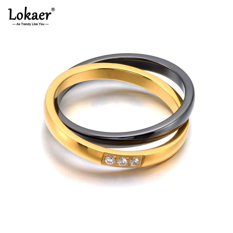 Lokaer Edelstahl-Ring, schwarz vergoldet, Zirkonia, Damen - Bild 1