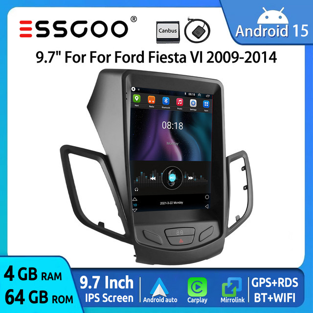 ESSGOO Android 15 Autoradio mit 9.7 Zoll IPS Touchscreen für Ford Fiesta VI 2009-2014, 64G Speicher, kabelloses CarPlay, Android Auto, GPS Navigation, Bluetooth, FM RDS und Lenkradsteuerung, Schwarz - Bild 1