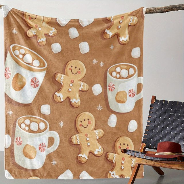 JMG Household Supplies Kuscheldecke mit Lebkuchenmann und Kakao Motiv, Florales Muster, Flanell Fleece, Mehrfarbig Braun, B/B: 125 x 150 cm - Bild 1