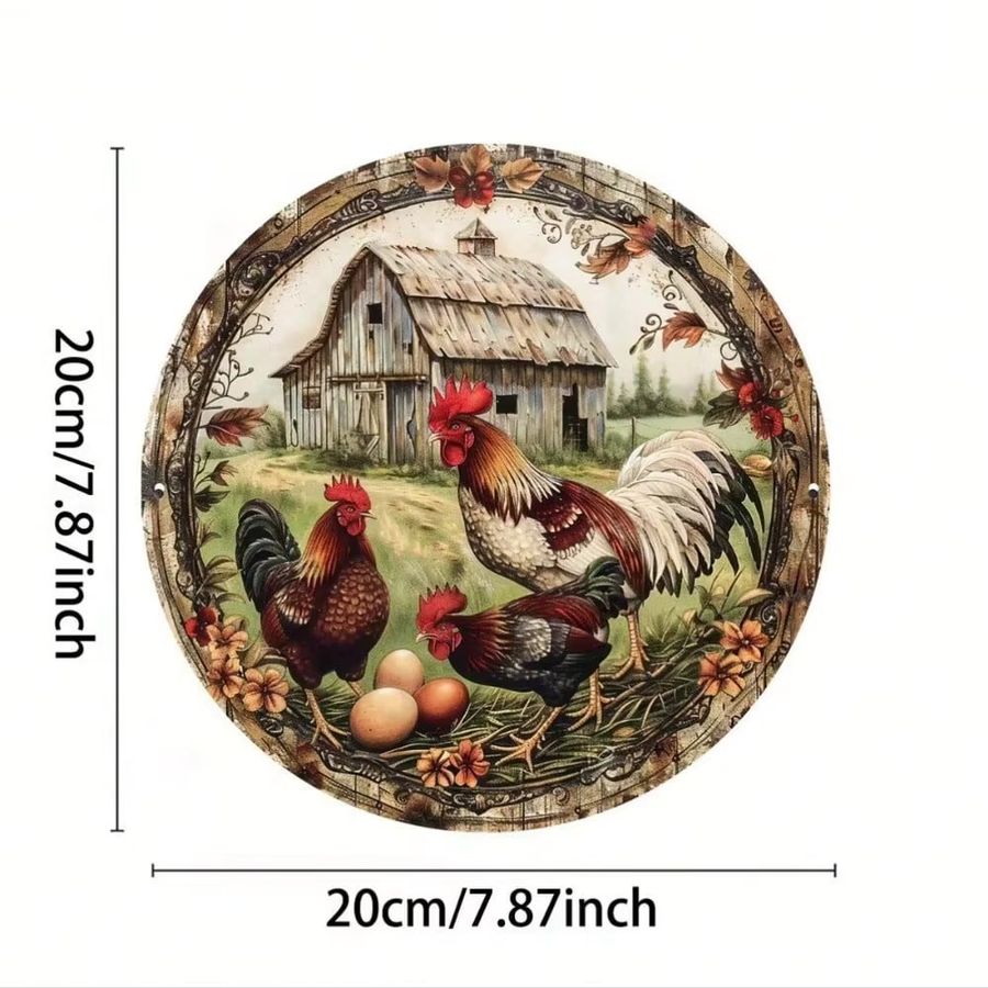 Rustikales Vintage Bauernhaus-Huhn-Metallschild von Hello Young in Weiß mit Blumen und Eiern, B/H: 20,3 x 20,3 cm - Bild 2