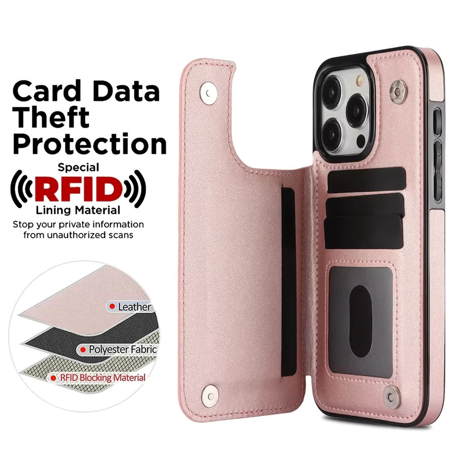 JGG Leder-Handtasche mit Kartensteckplatz und Flip-Verschluss für iPhone 15 Pro Max 14 13 12 11 SE 3 2 XS XR 8 7 Plus in Schwarz und Pink - Bild 2