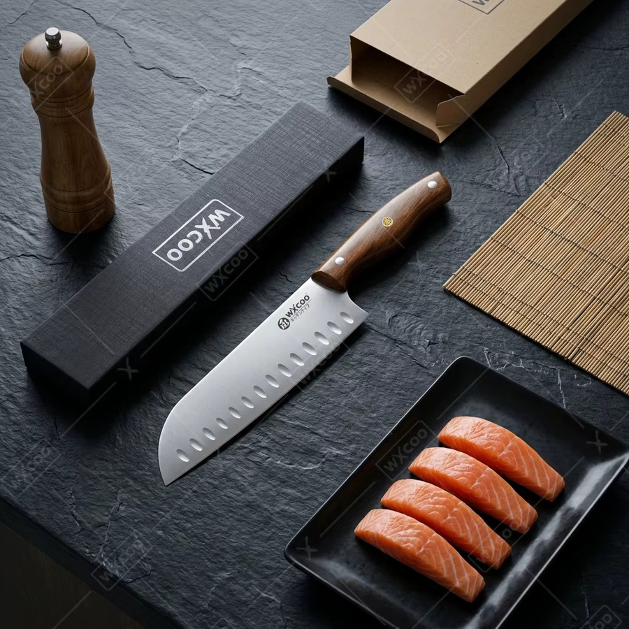 WXCOO Japanisches Santoku-Messer aus Edelstahl in Silber mit Holzgriff für Fleisch und Gemüse - Bild 2