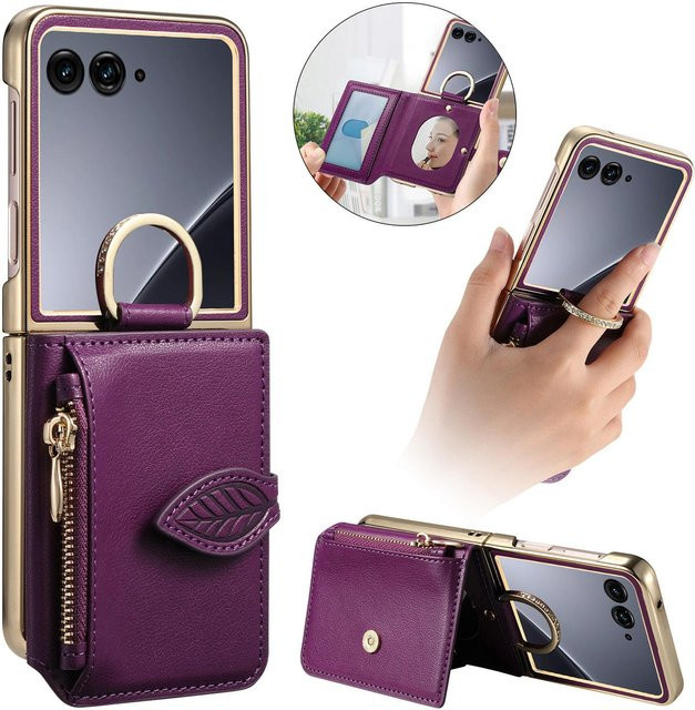 HQBBRO Leder Handyhülle mit Reißverschluss, Magnetischem Ringhalter und Kartenfächer für Motorola Razr 60 und Motorola Razr 50 Ultra, Violett - Bild 1