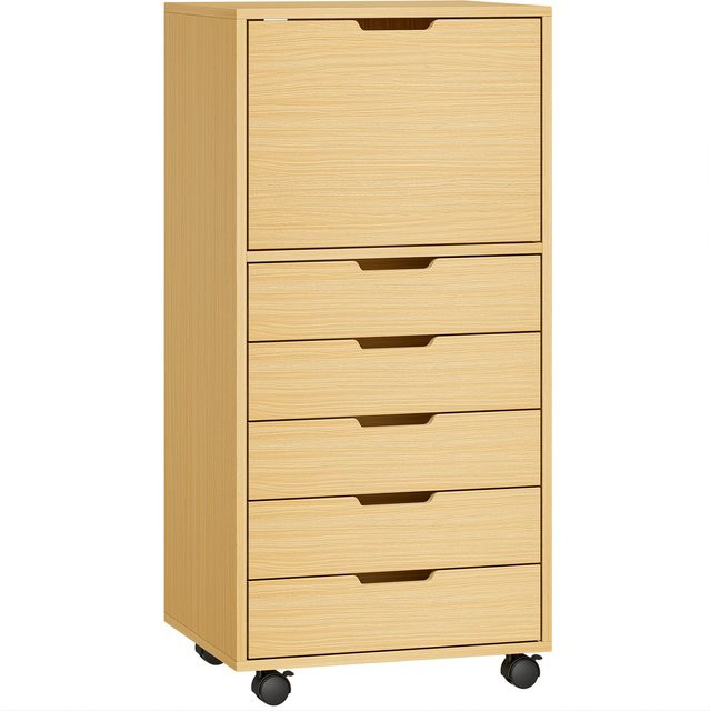 HOMCOM Rollcontainer mit 5 Schubladen und Soft-Close, Büroschrank mit Druckerablage auf Rollen für dein Home-Office, Farbe: Braun/Beige - Bild 1