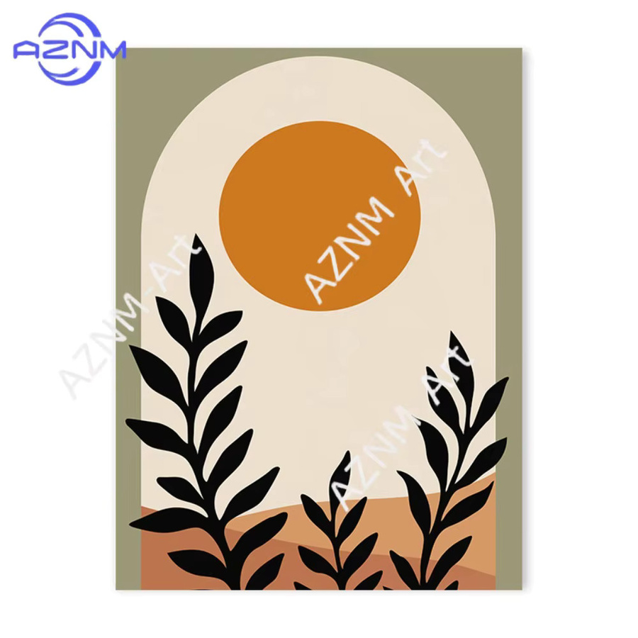 AZNM Wandkunst Set aus 3 Stück: Abstrakte Leinwandgemälde mit botanischen Blättern und geometrischen Linien in Orange im Boho-Stil - Bild 2