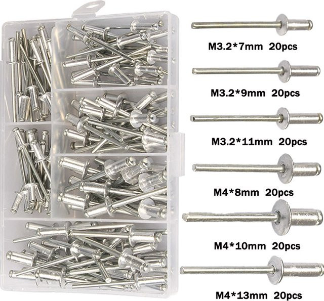 120 Stück Blindnieten Set aus Aluminium in Silber mit Kuppelkopf für M3,2 und M4 - Bild 1