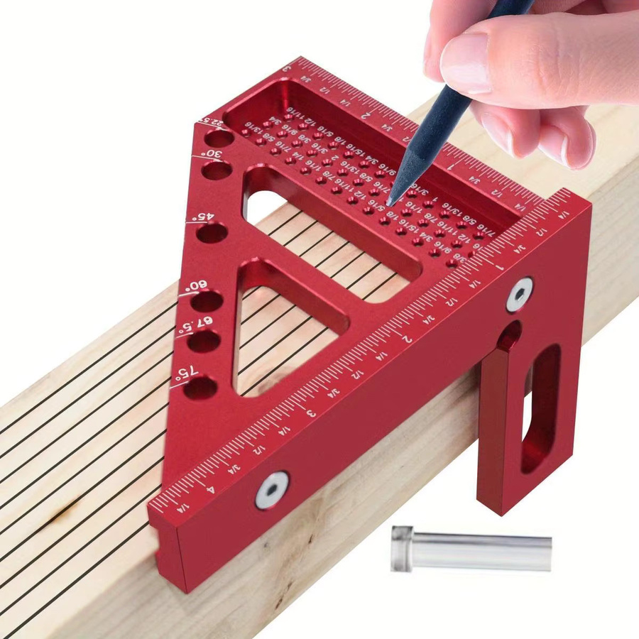 GDART Dreieckslineal aus Aluminiumlegierung in Rot, Holzbearbeitungs-Winkelmesser mit Dübelstiften und Gehrungswinkel-Anreißwerkzeug - Bild 2