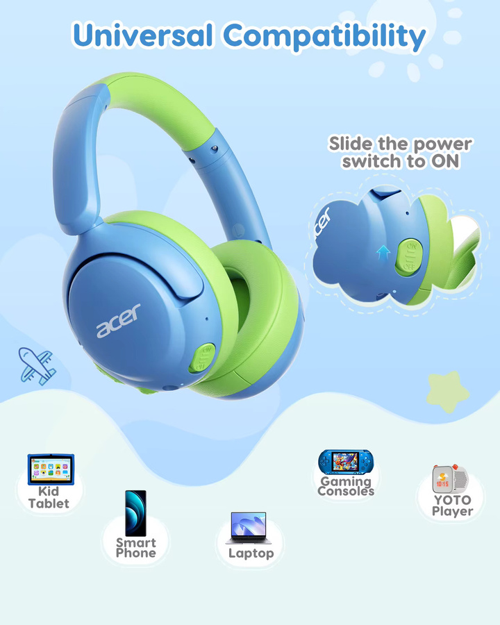 Acer OHR725 Kinder-Bluetooth-5.4-Kopfhörer in Blau, faltbare kabellose Over-Ear-Kopfhörer mit 85dB Lautstärkebegrenzer und integriertem Mikrofon - Bild 2