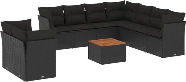 vidaXL 10-teilige Garten-Sofagarnitur in L-Form aus Polyrattan und Akazienholz mit Kissen in Schwarz - Bild 1