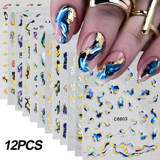 Nagelaufkleber, Gold Blau Marmor Rauchdesign, 12 Blatt, Metallic - Bild 1