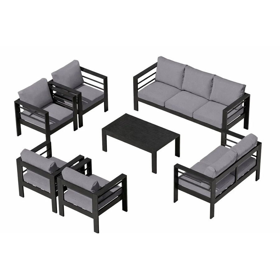 MeXo Gartenmöbel Set Loungeset für 9 Personen aus pulverbeschichtetem Aluminium in Schwarz mit Polsterung und UV-beständigen Kissen - Bild 2